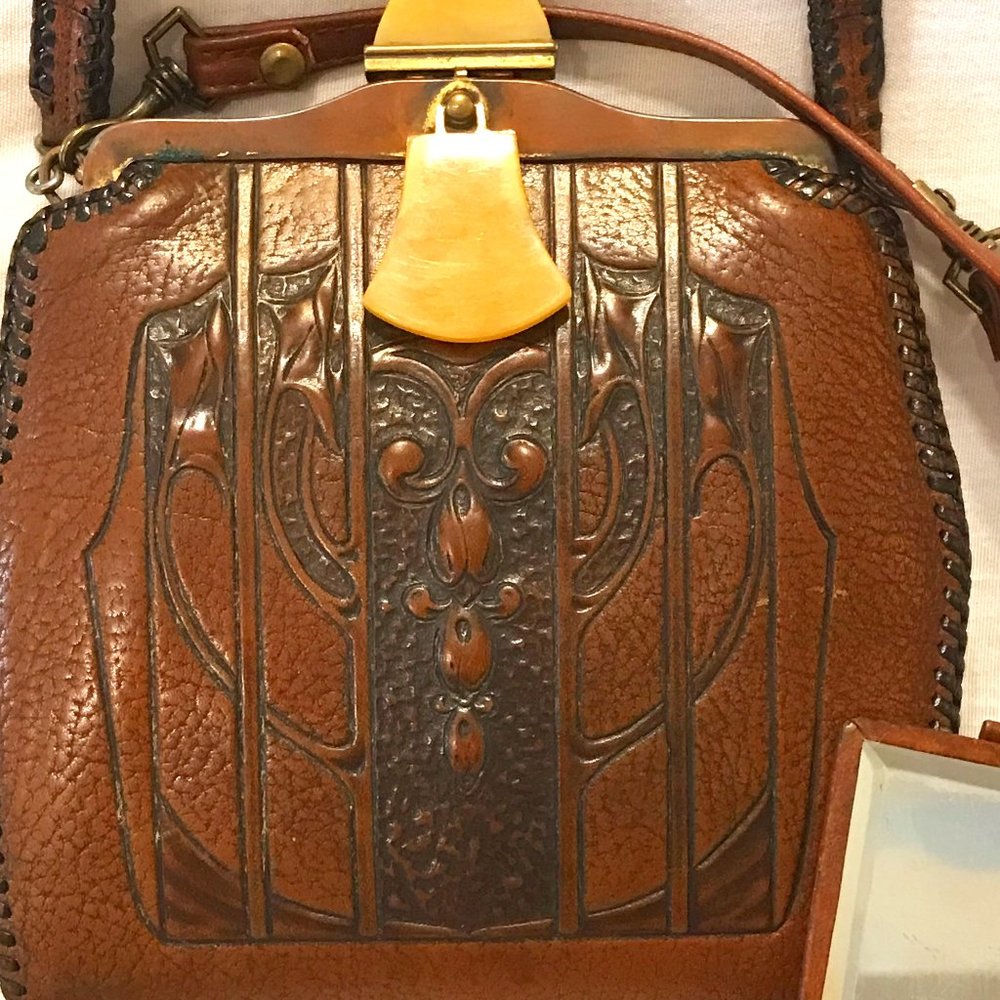 NWT Retro Art Deco Hand Tooled Leather Handbag/Shoulder Bag - PRESTINE CONDITION